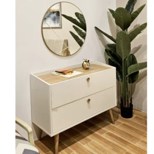 Modern Two-Drawer Dressing Console with Wood Grain Top and Tapered Legs - Image 1
