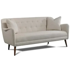 Mid-Century Inspired Off-White Button Tufted Sofa with Dark Wood Legs - Image 1