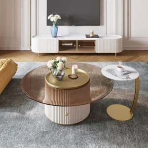 Elegant Fluted White LCD Floor Unit with Gold Trim and Marble Top - Image 3