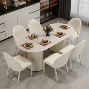 Turkish Oval White Marble Dining Table with Ribbed Pedestal Base and Cream Chairs - Image 1