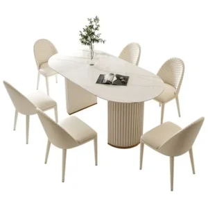 Turkish Oval White Marble Dining Table with Ribbed Pedestal Base and Cream Chairs - Image 2