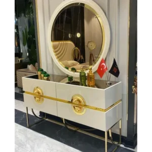 Grand Turkish Grey Velvet Bed with Circular Mirror Headboard - Image 2