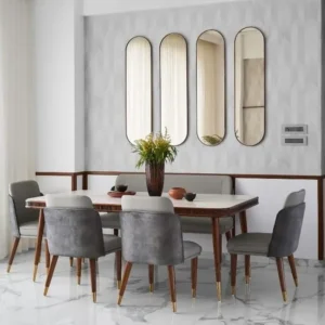 Classic Gray Velvet Dining Set with Dark Wood Legs and Gold Tips - Image 1