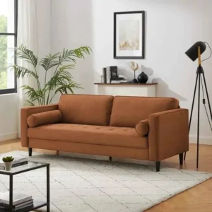 Mid-Century Modern Burnt Orange Velvet Sofa with Bolster Pillows - Image 1