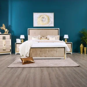 Turkish Style Fabric Bed with White Deco Frame and Gold Detailing - Image 1
