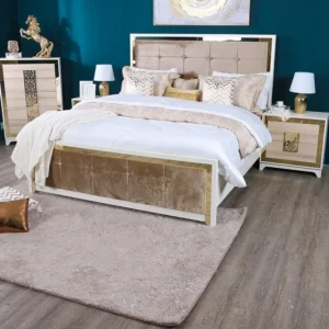 Turkish Style Fabric Bed with White Deco Frame and Gold Detailing - Image 2