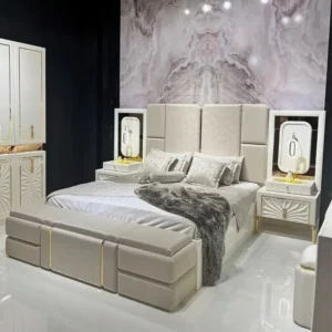 Turkish Modern Grey and White Upholstered Bed with Integrated Vanity Mirrors - Image 1