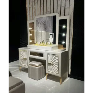 Turkish Modern Grey and White Upholstered Bed with Integrated Vanity Mirrors - Image 2