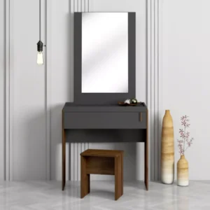 Minimalist Charcoal Grey and Walnut Wood Dressing Table with Vertical Mirror - Image 1
