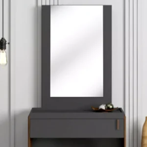 Minimalist Charcoal Grey and Walnut Wood Dressing Table with Vertical Mirror - Image 3