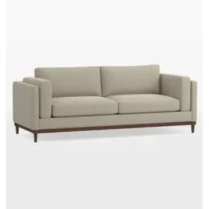 Mid-Century Modern Beige Jute Fabric Sofa with Tapered Brown Wooden Base - Image 1