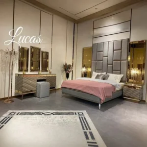 Turkish Style Grand Upholstered Wall Bed with Mirrored Side Panels and Gold Accents - Image 1