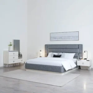 Sophisticated Blue Jute Fabric Bed with Tall Tiered Headboard - Image 1