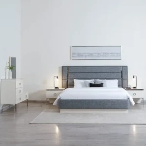 Sophisticated Blue Jute Fabric Bed with Tall Tiered Headboard - Image 2