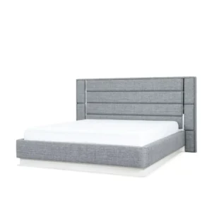 Sophisticated Blue Jute Fabric Bed with Tall Tiered Headboard - Image 3