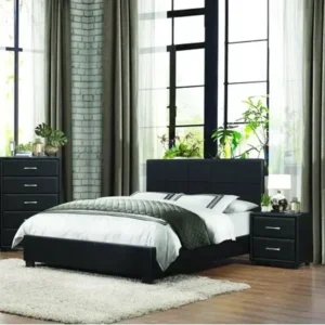 Simple Black Leather Rite Upholstered Bed with Grid Tufted Headboard - Image 1