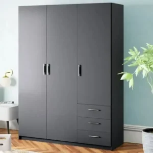 Modern Sleek Matte Black Three-Door Wardrobe with Integrated Storage Drawers - Image 1