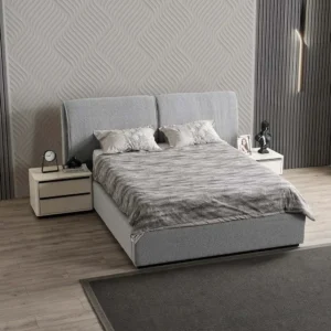 Nordic Grey Boucle Fabric Bed with Curved Minimalist Headboard - Image 3
