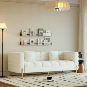 Contemporary White Boucle Sofa with Designer Gold Stiletto Legs - Image 1