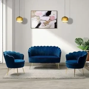 Modern Scalloped Blue Velvet Living Room Set with Gold Spindle Legs - Image 1