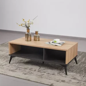Industrial Oak Coffee Table with Dual Storage Compartments and Tapered Legs - Image 1