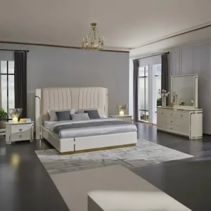 Grand Turkish Master Bed with Vertical Tufted Headboard and Gold Trim Details - Image 1