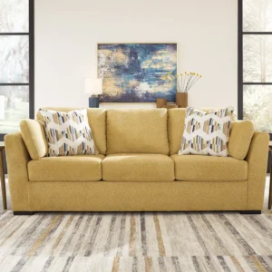 Sun-Kissed Yellow Jute Fabric Three-Seater Classic Living Room Sofa - Image 1