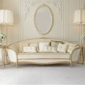 Royal Ivory Curved Sofa with Ornate Gold Deco Trim and Velvet Upholstery - Image 1