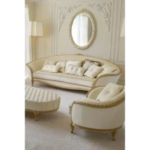Royal Ivory Curved Sofa with Ornate Gold Deco Trim and Velvet Upholstery - Image 2