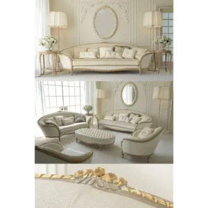 Royal Ivory Curved Sofa with Ornate Gold Deco Trim and Velvet Upholstery - Image 3