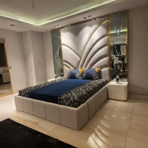 Royal Turkish Grey Velvet Bed with Sunburst Headboard and Mirror Inlays - Image 1