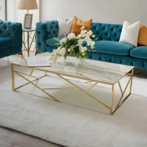 Turkish Style White Marble Top Center Table with Geometric Gold Deco Frame - Image 1