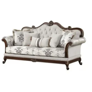 Classic Luxury White Fabric Wooden Sofa with Carved Dark Brown Frame - Image 1