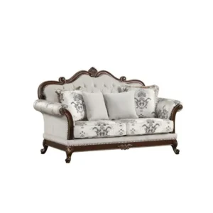 Classic Luxury White Fabric Wooden Sofa with Carved Dark Brown Frame - Image 2