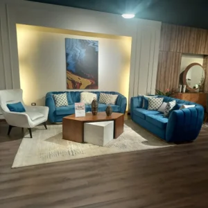 Modern Teal Velvet Ribbed Sofa Set with Geometric Coffee Table - Image 1