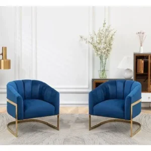 Modern Blue Velvet Accent Chairs with Curved Gold Metal Frame - Image 1