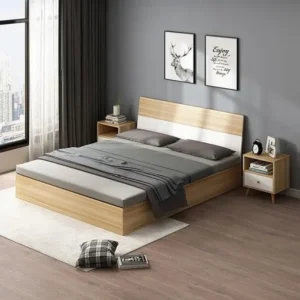 Modern Laminated Light Brown and White Platform Bed with Storage - Image 1