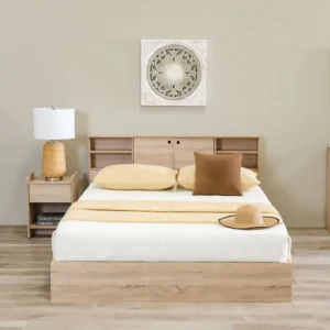 Simple Light Brown Laminated Bed with Integrated Headboard Shelving - Image 1