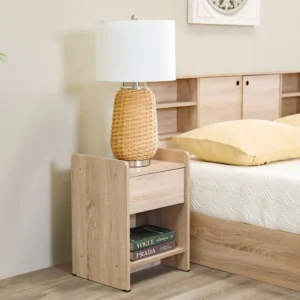 Simple Light Brown Laminated Bed with Integrated Headboard Shelving - Image 3