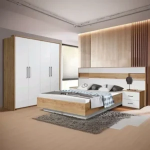 Modern White and Oak Laminated Bed with Integrated Wardrobe - Image 1