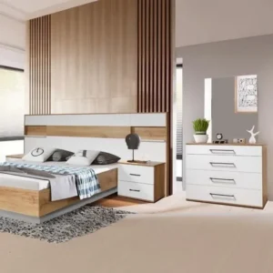 Modern White and Oak Laminated Bed with Integrated Wardrobe - Image 2
