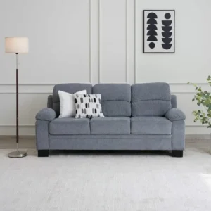 Modern Three-Seater Grey Boucle Sofa with Black Wooden Legs - Image 1