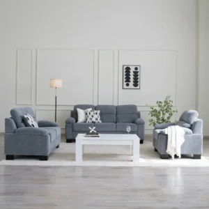Modern Three-Seater Grey Boucle Sofa with Black Wooden Legs - Image 2