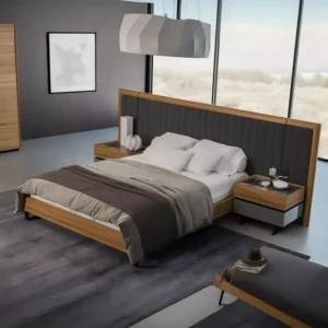 Modern Light Brown Wood Bed with Integrated Floating Nightstands - Image 1