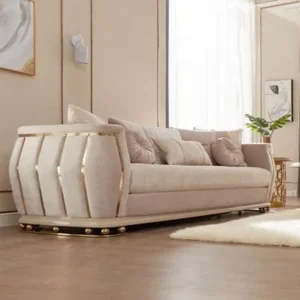 Turkish Style Luxury Beige Fabric Sofa with Gold Vertical Accents - Image 1