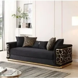 Turkish Style Black Velvet Sofa with Gold Geometric Laser-Cut Frame - Image 1