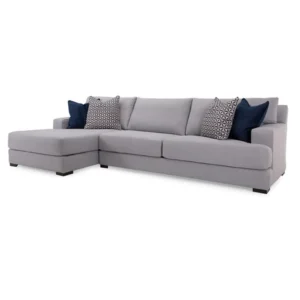 Modern Grey L-Shaped Sectional Sofa with Navy Blue Accent Pillows - Image 1