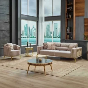 Luxury Turkish Beige Velvet Sofa Set with Vertical Channel Tufting and Gold Accents - Image 1