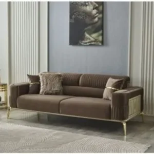Luxury Turkish Beige Velvet Sofa Set with Vertical Channel Tufting and Gold Accents - Image 2