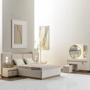 Luxury Turkish Style Fabric Bed with Integrated Headboard Lighting and Gold Accents - Image 1